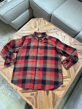 Columbia Red Black and Brown Plaid Casual Button-Down Shirt